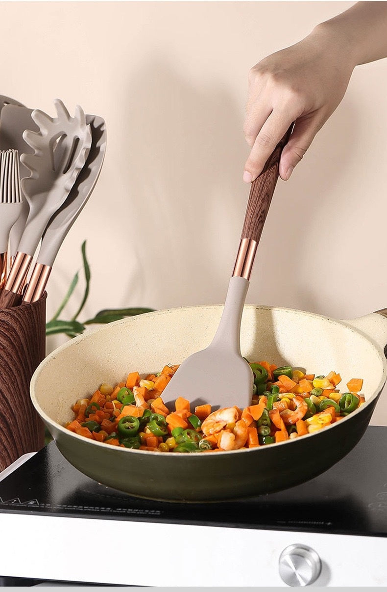 Silicone Kitchenware Set 11-Piece Gold-Plated Wood Grain Handle Non-Stick Pan