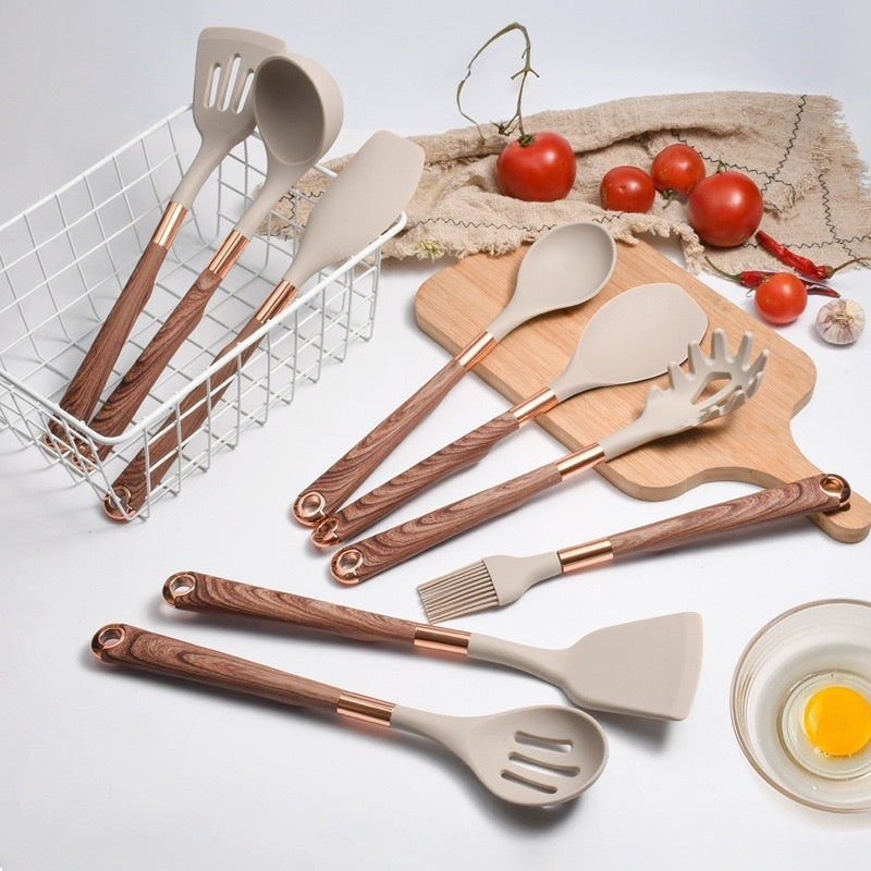 Silicone Kitchenware Set 11-Piece Gold-Plated Wood Grain Handle Non-Stick Pan