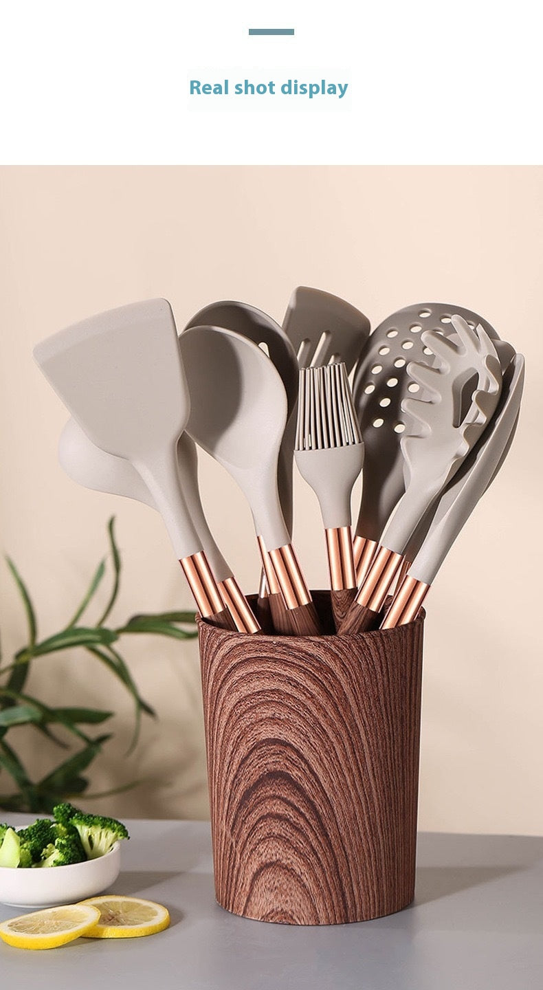 Silicone Kitchenware Set 11-Piece Gold-Plated Wood Grain Handle Non-Stick Pan