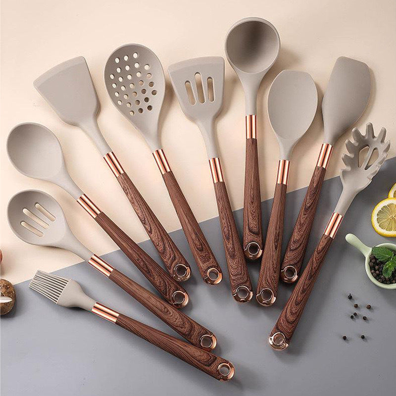Silicone Kitchenware Set 11-Piece Gold-Plated Wood Grain Handle Non-Stick Pan